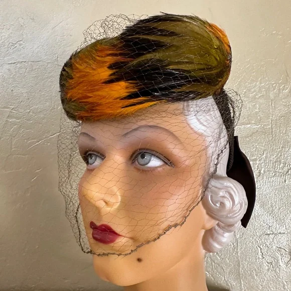 DEBONAIR 1930s' TILT HAT COVERED BY MULTICOLORED FEATHERS + BACK STRAP + VEIL